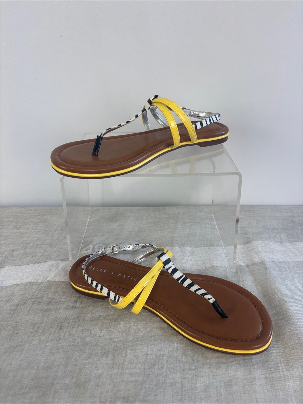 KELLY AND KATIE BLACK WHITE AND YELLOW STRAPPY FLATS